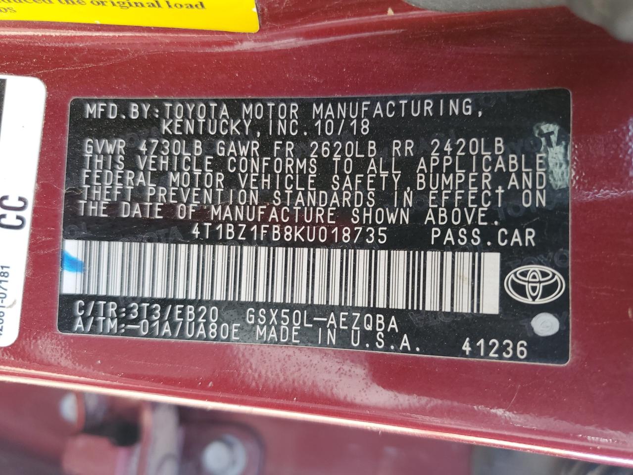 2019 Toyota Avalon Xle VIN: 4T1BZ1FB8KU018735 Lot: 56571165