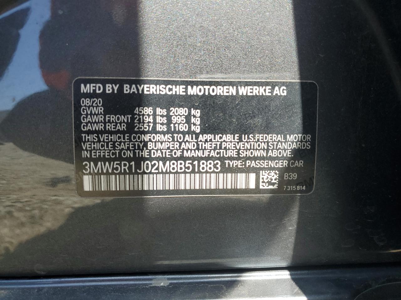 2021 BMW 330I VIN: 3MW5R1J02M8B51883 Lot: 56935545