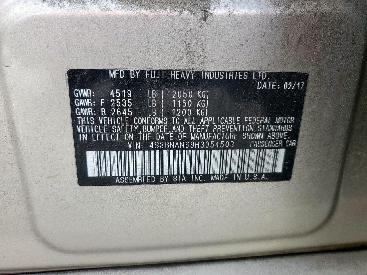 2017 Subaru Legacy 2.5I Limited VIN: 4S3BNAN69H3054503 Lot: 58574895