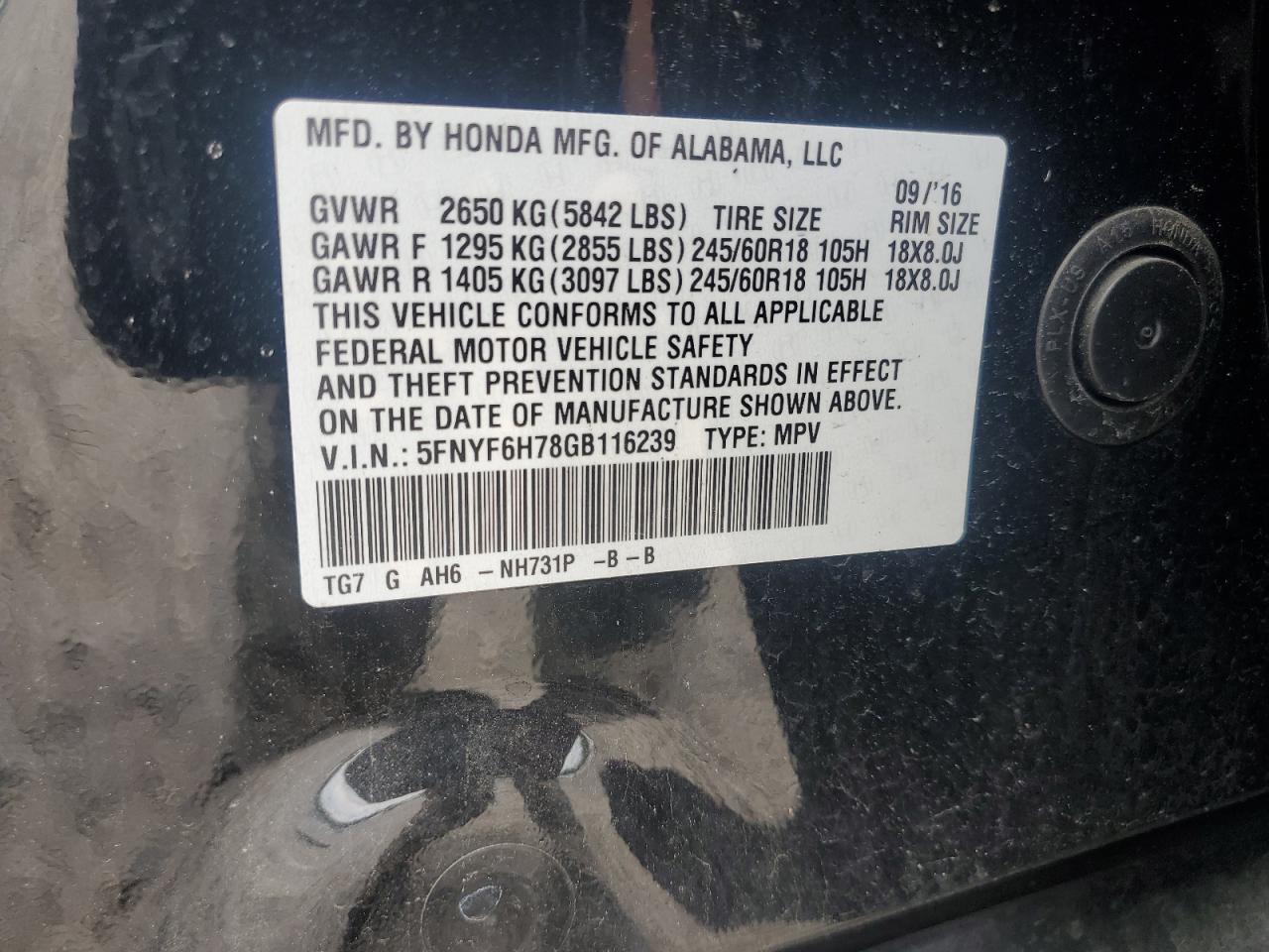5fnyf6h78gb116239 5FNYF6H78GB116239 2016 Honda Pilot Exln