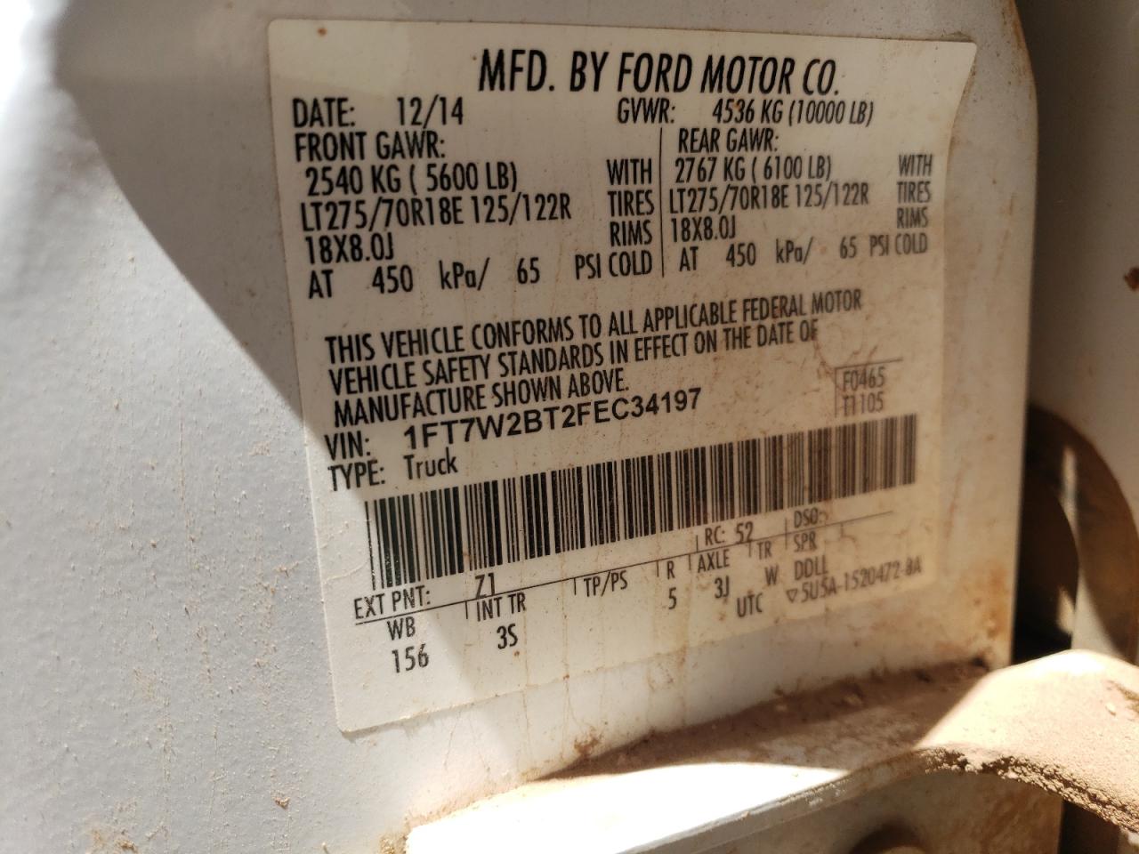 2015 Ford F250 Super Duty VIN: 1FT7W2BT2FEC34197 Lot: 56570795