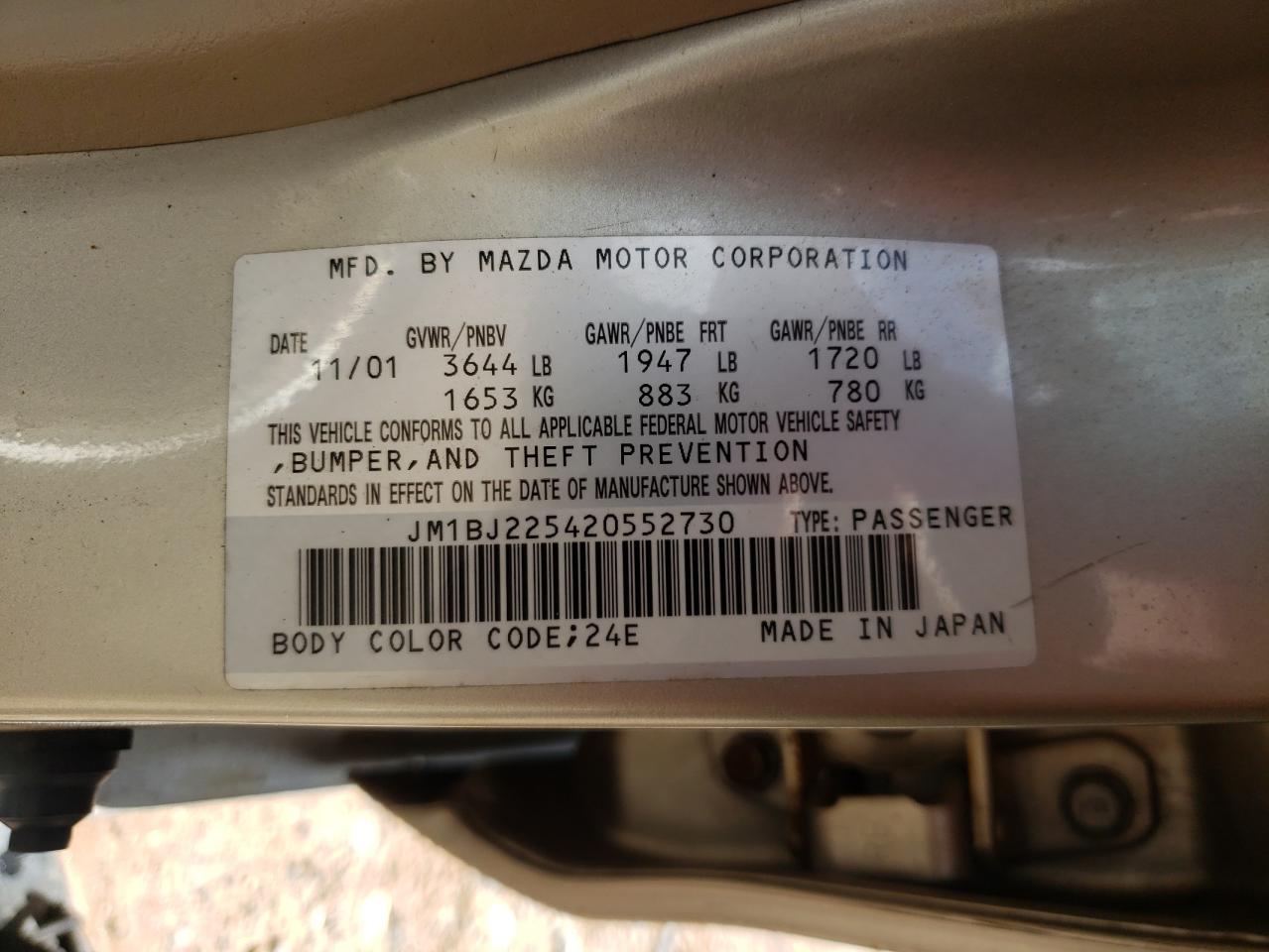 2002 Mazda Protege Dx VIN: JM1BJ225420552730 Lot: 56366585