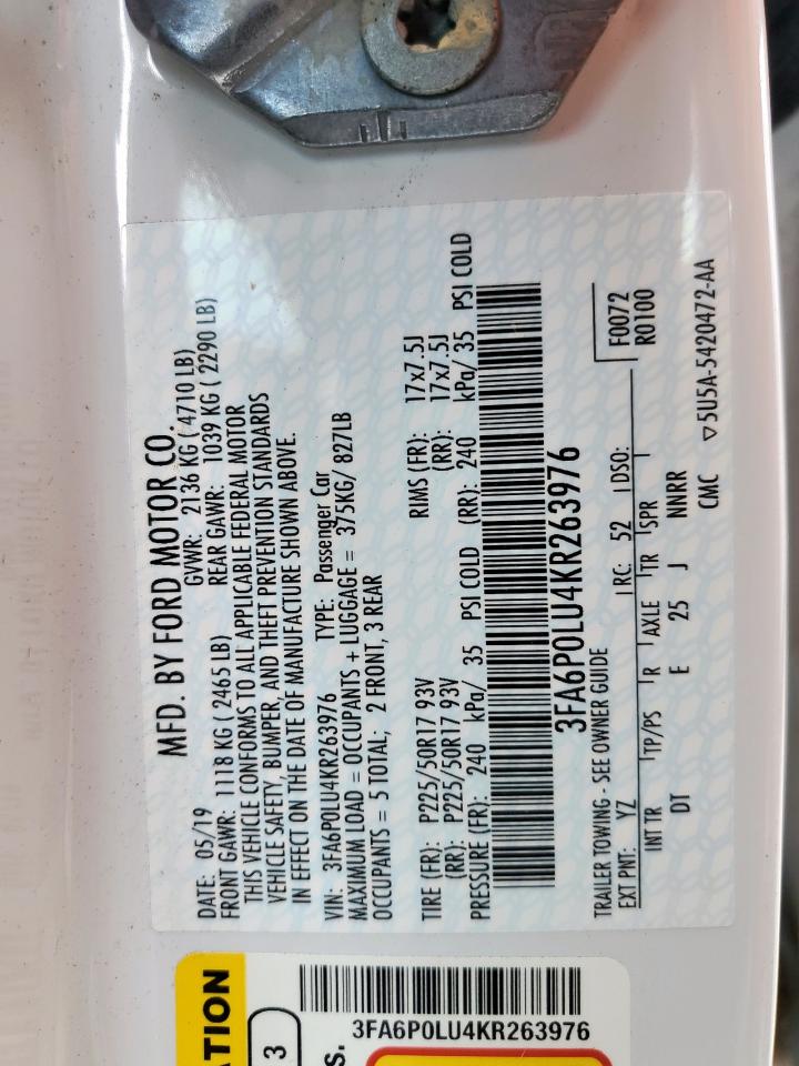 2019 Ford Fusion Se VIN: 3FA6P0LU4KR263976 Lot: 54066175