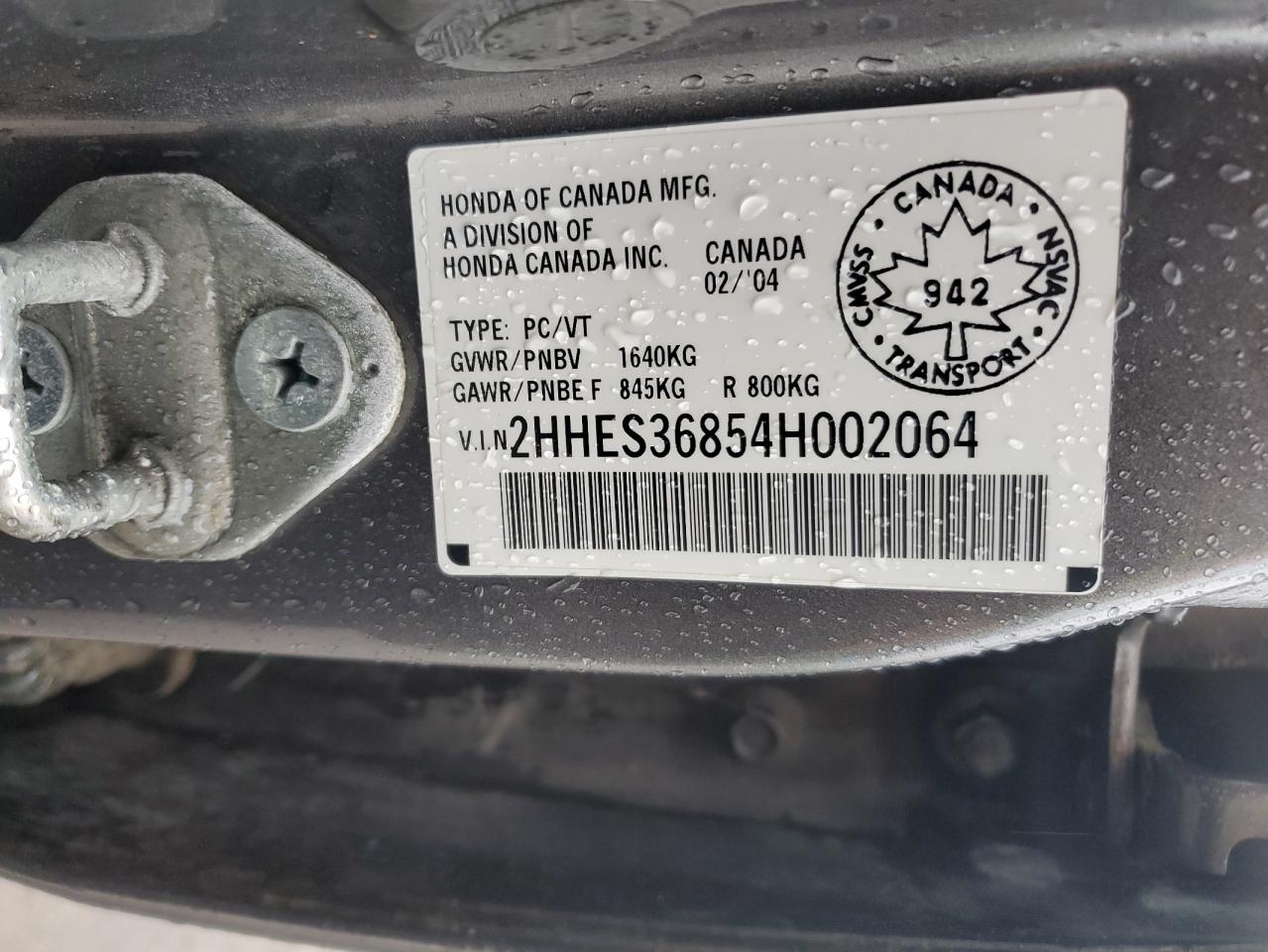 2004 Acura 1.7El Premium VIN: 2HHES36854H002064 Lot: 57607855