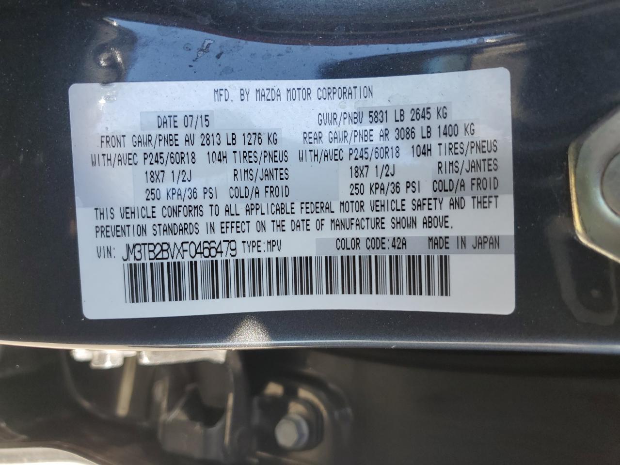 2015 Mazda Cx-9 Sport VIN: JM3TB2BVXF0466479 Lot: 56346375