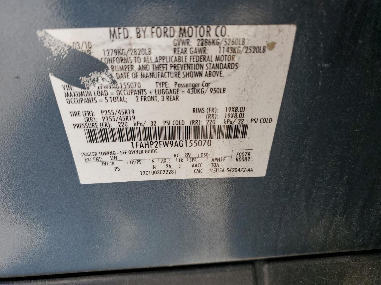 2010 Ford Taurus Limited VIN: 1FAHP2FW9AG155070 Lot: 56589365