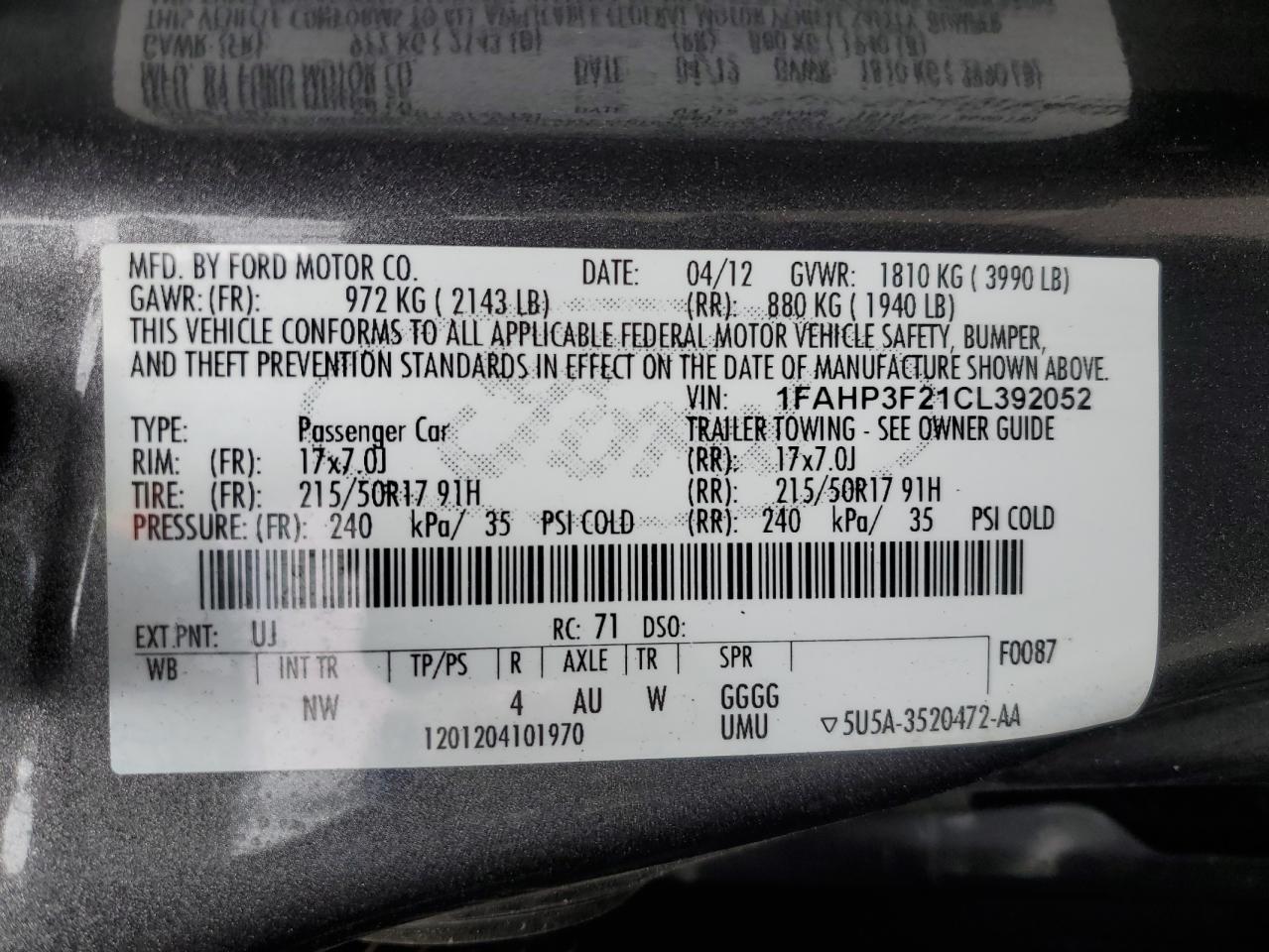 2012 Ford Focus Se VIN: 1FAHP3F21CL392052 Lot: 57418205