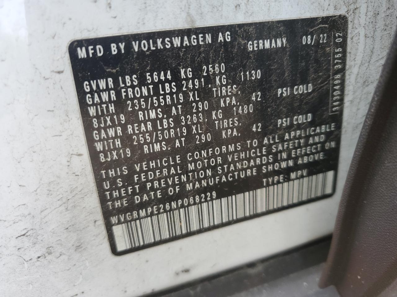 2022 Volkswagen Id.4 Pro VIN: WVGRMPE26NP068229 Lot: 57323965