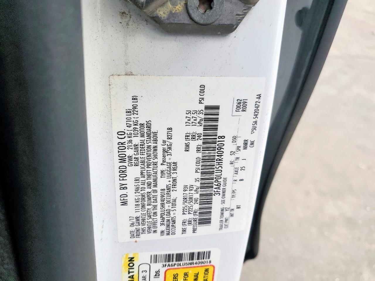 2017 Ford Fusion Se Hybrid VIN: 3FA6P0LU5HR409018 Lot: 54040725