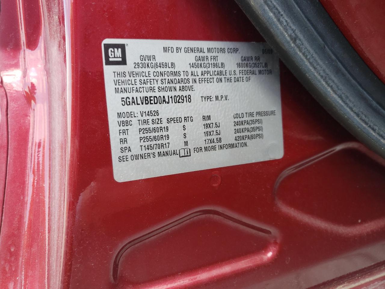 2010 Buick Enclave Cxl VIN: 5GALVBED0AJ102918 Lot: 68459975