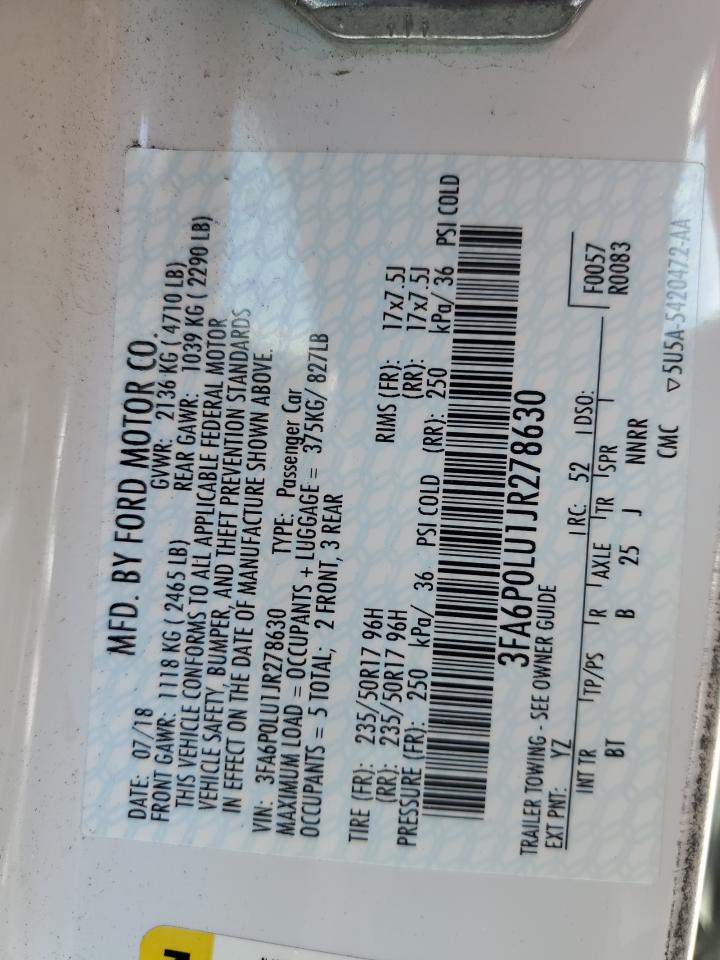 2018 Ford Fusion Se Hybrid VIN: 3FA6P0LU1JR278630 Lot: 54029245