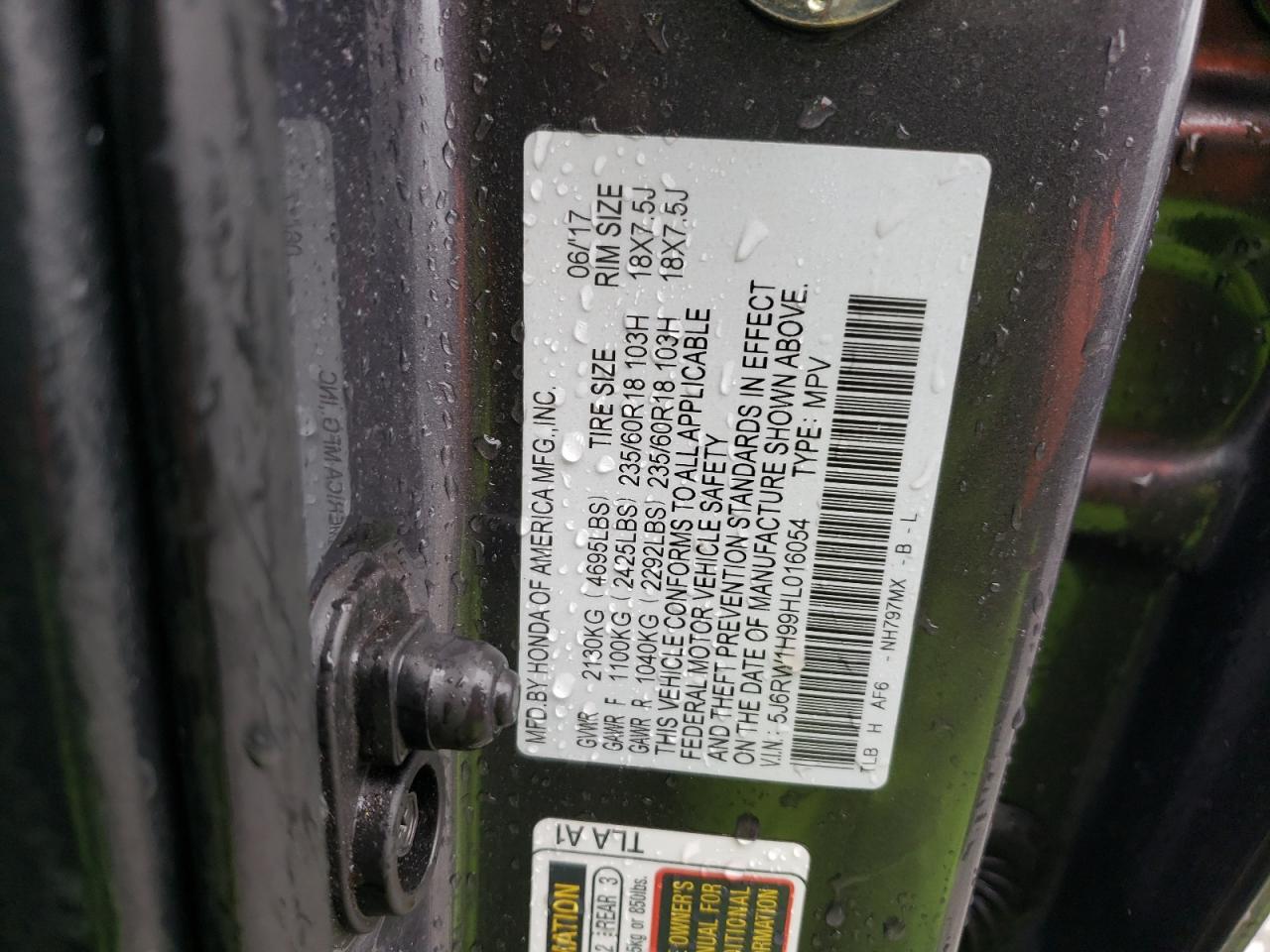 2017 Honda Cr-V Touring VIN: 5J6RW1H99HL016054 Lot: 59118175