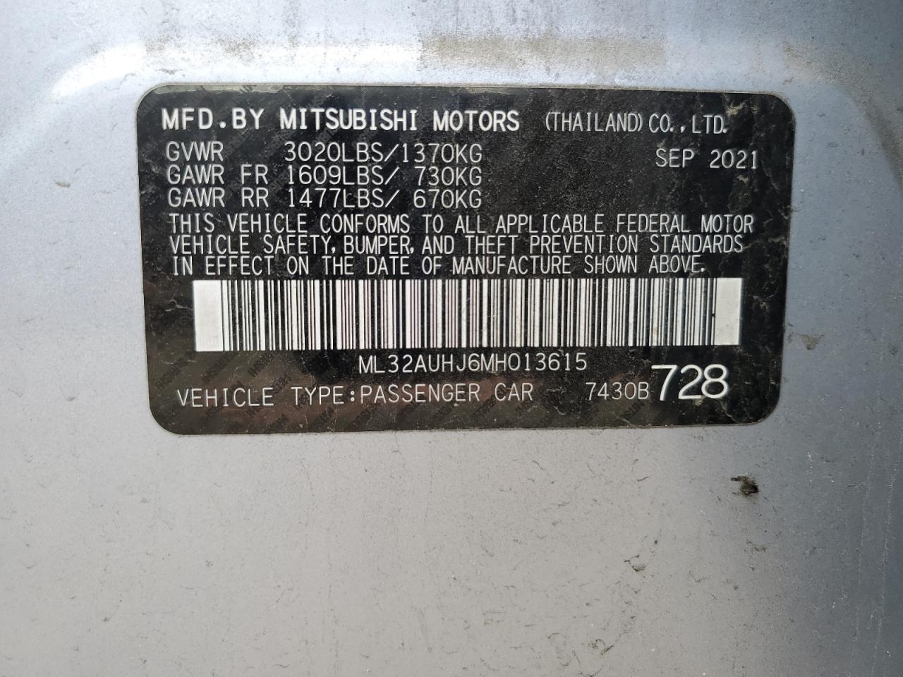 2021 Mitsubishi Mirage Es VIN: ML32AUHJ6MH013615 Lot: 55689635