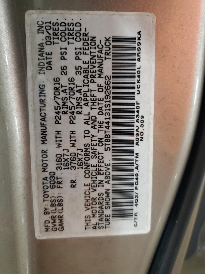 2001 Toyota Tundra Access Cab VIN: 5TBBT44131S192662 Lot: 55435915