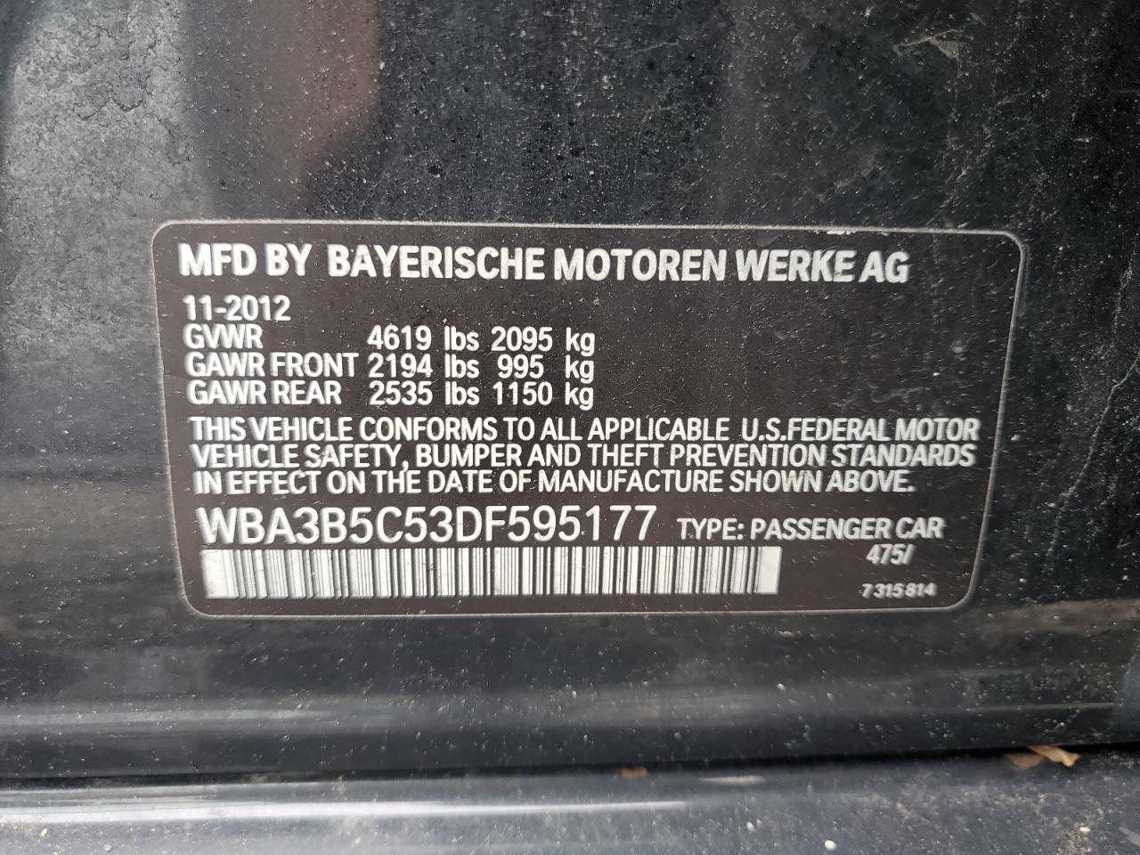 2013 BMW 328 Xi Sulev VIN: WBA3B5C53DF595177 Lot: 57024375