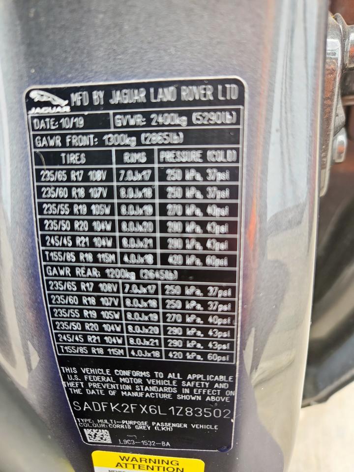 2020 Jaguar E-Pace VIN: SADFK2FX6L1Z83502 Lot: 58521015