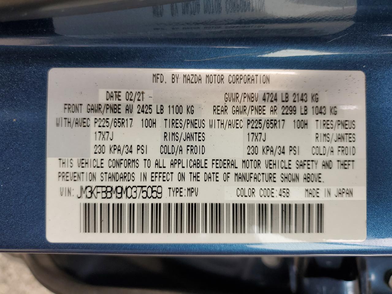 JM3KFBBM9M0375059 2021 Mazda Cx-5 Sport