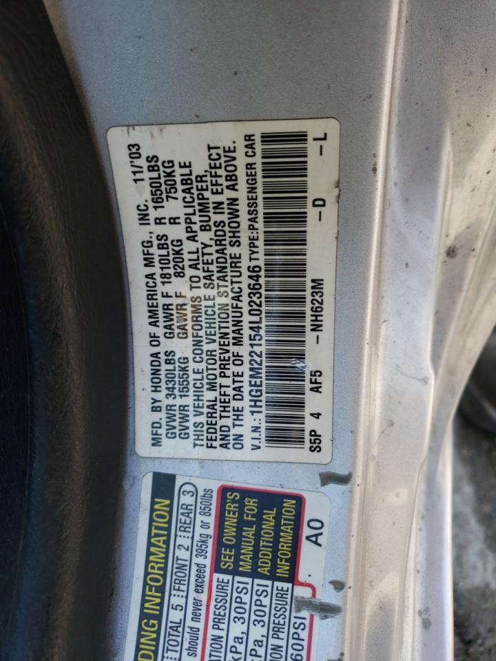 2004 Honda Civic Dx Vp VIN: 1HGEM22154L023646 Lot: 58380885