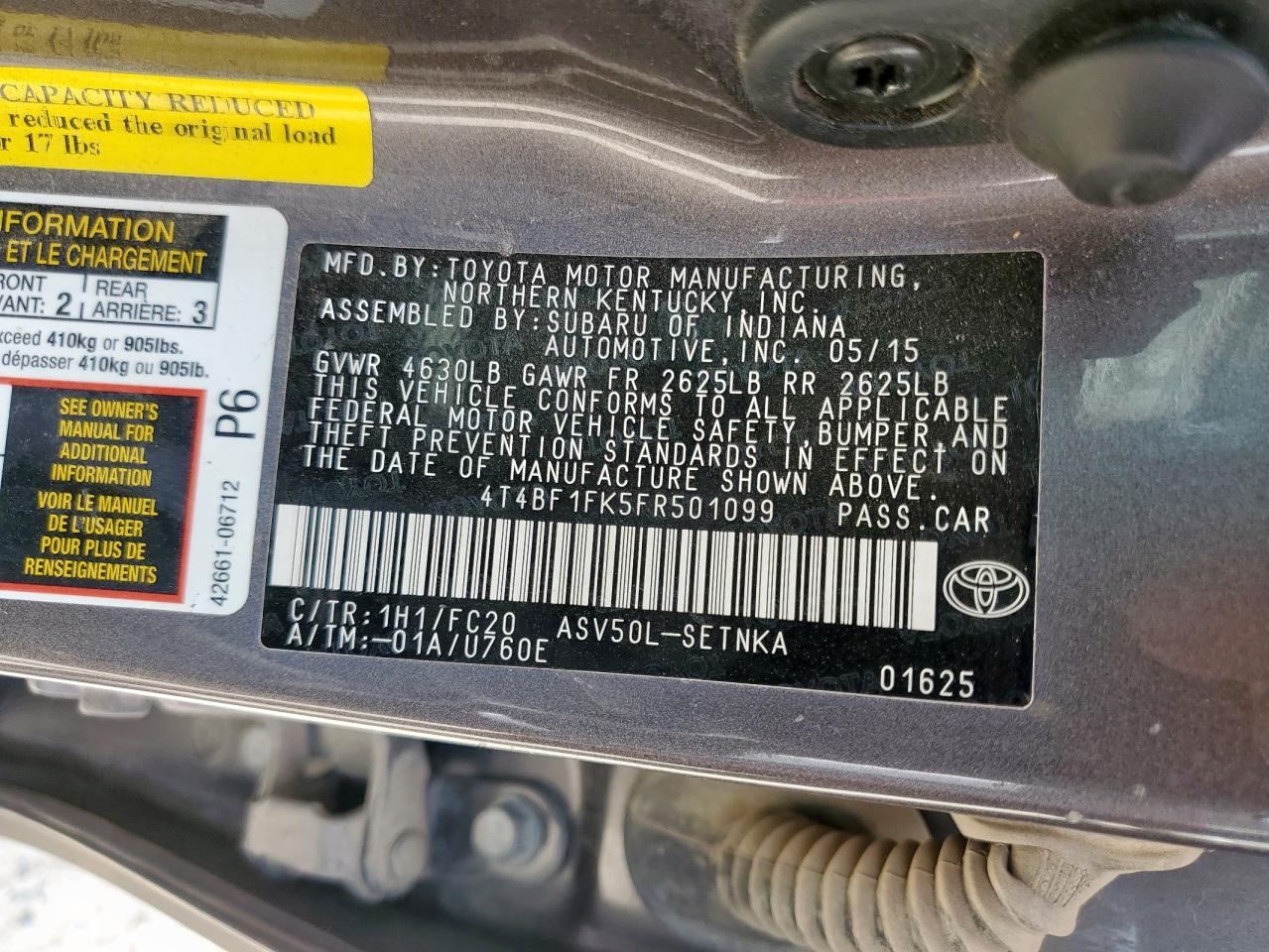 2015 Toyota Camry Le VIN: 4T4BF1FK5FR501099 Lot: 57054855