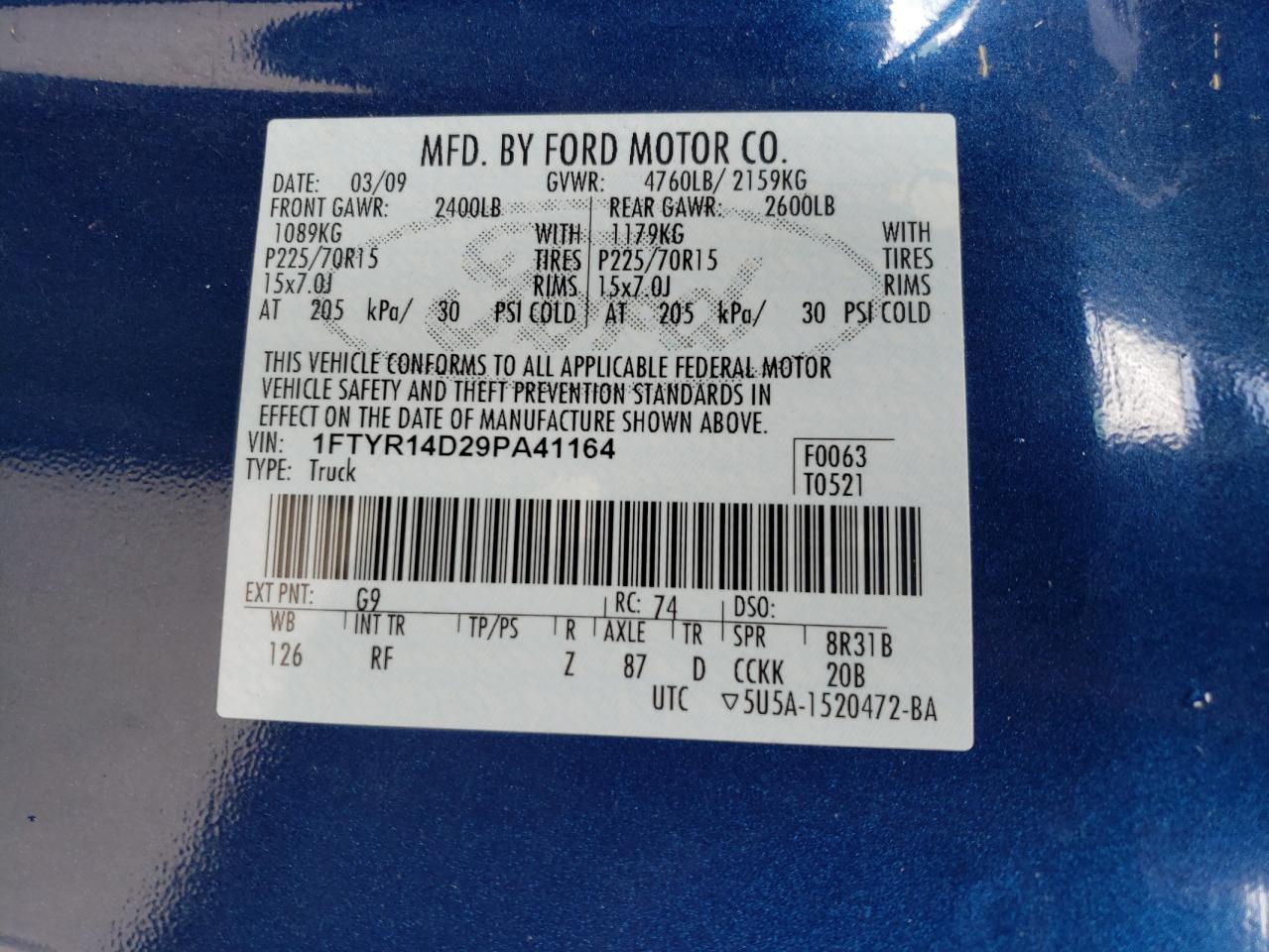 2009 Ford Ranger Super Cab VIN: 1FTYR14D29PA41164 Lot: 57616115