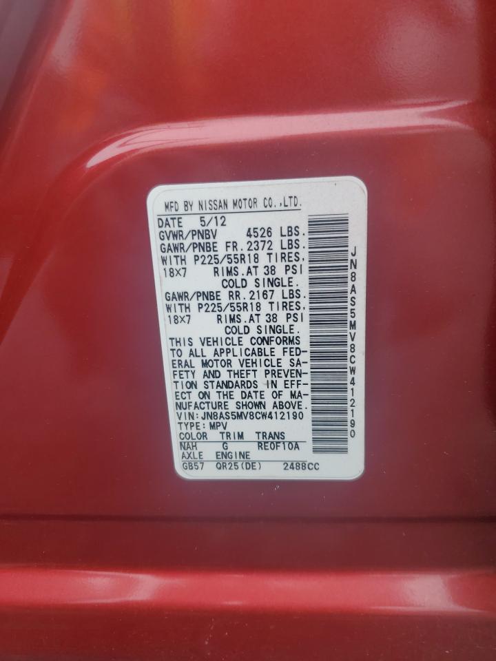2012 Nissan Rogue S VIN: JN8AS5MV8CW412190 Lot: 58949875