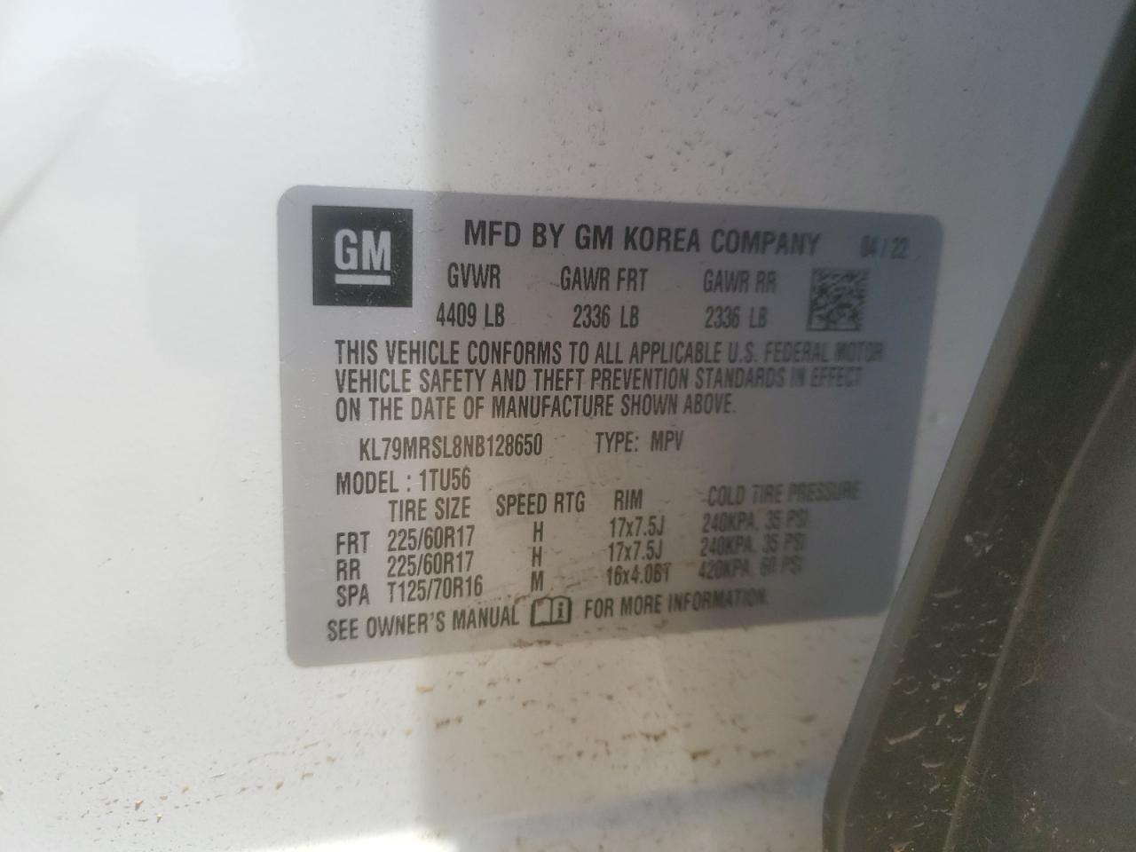 2022 Chevrolet Trailblazer Lt VIN: KL79MRSL8NB128650 Lot: 57316495
