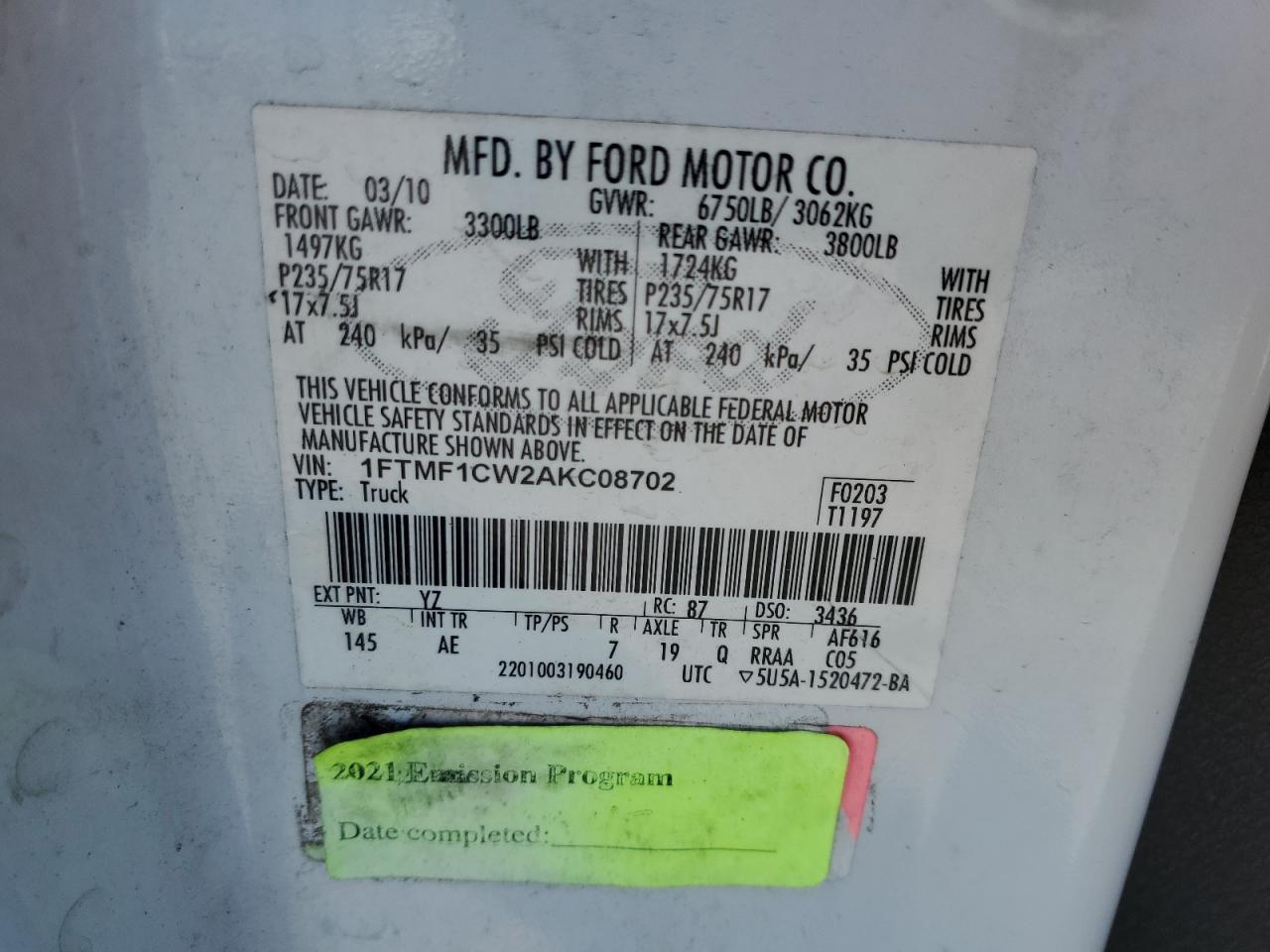 2010 Ford F150 VIN: 1FTMF1CW2AKC08702 Lot: 57452975