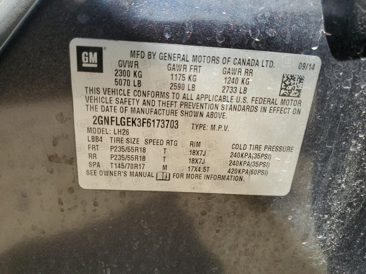 2015 Chevrolet Equinox Lt VIN: 2GNFLGEK3F6173703 Lot: 55937965