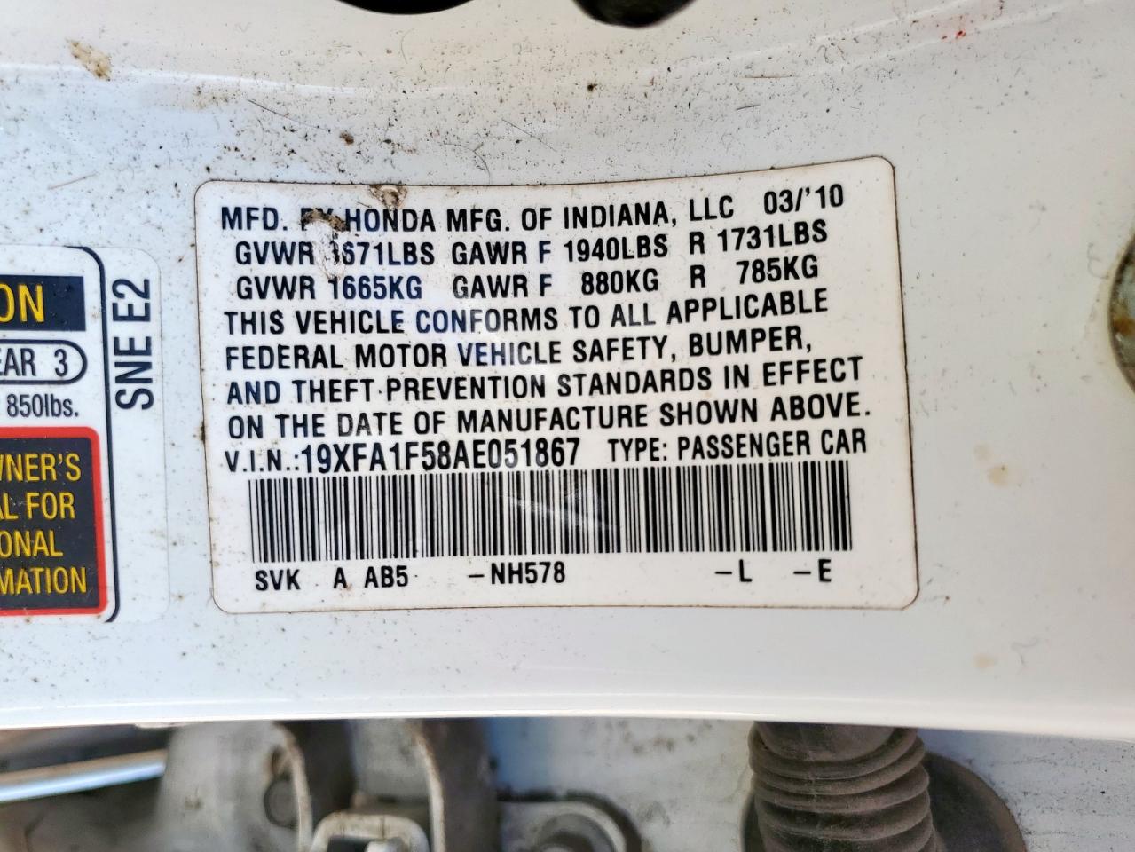 2010 Honda Civic Lx VIN: 19XFA1F58AE051867 Lot: 58540495