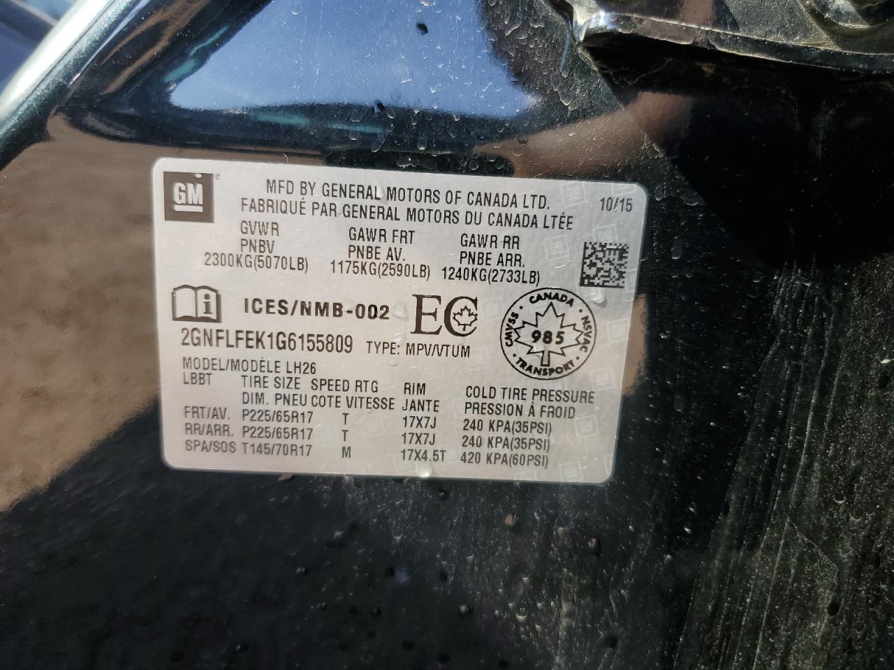 2016 Chevrolet Equinox Lt VIN: 2GNFLFEK1G6155809 Lot: 56723785