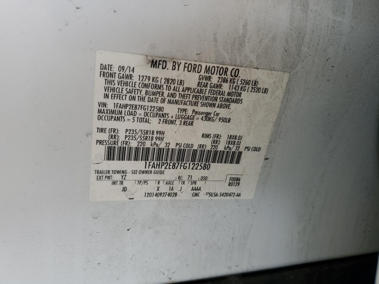 2015 Ford Taurus Sel VIN: 1FAHP2E87FG122580 Lot: 57004755