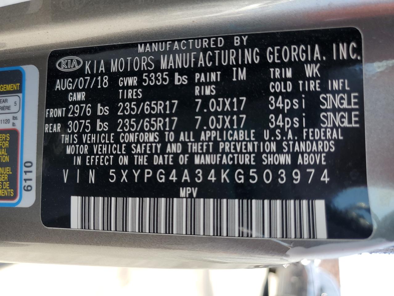 2019 Kia Sorento L VIN: 5XYPG4A34KG503974 Lot: 57436815