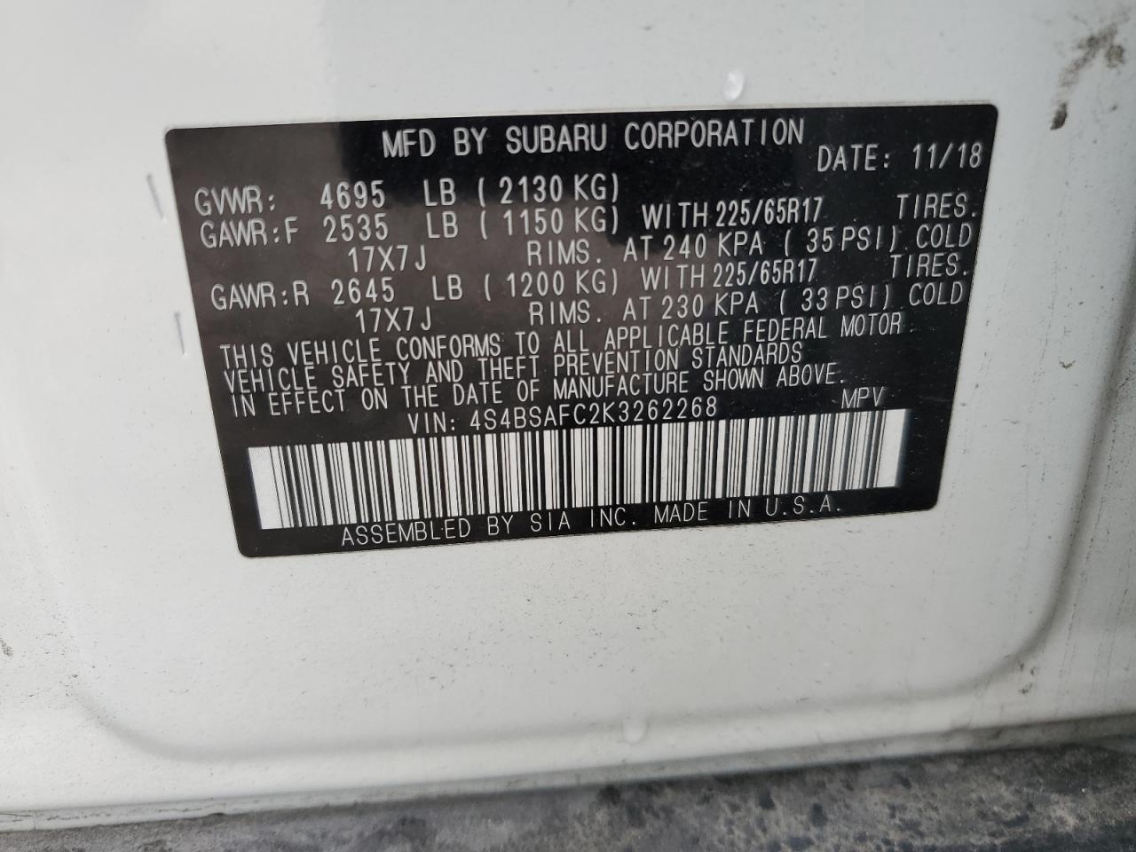 2019 Subaru Outback 2.5I Premium VIN: 4S4BSAFC2K3262268 Lot: 56177965