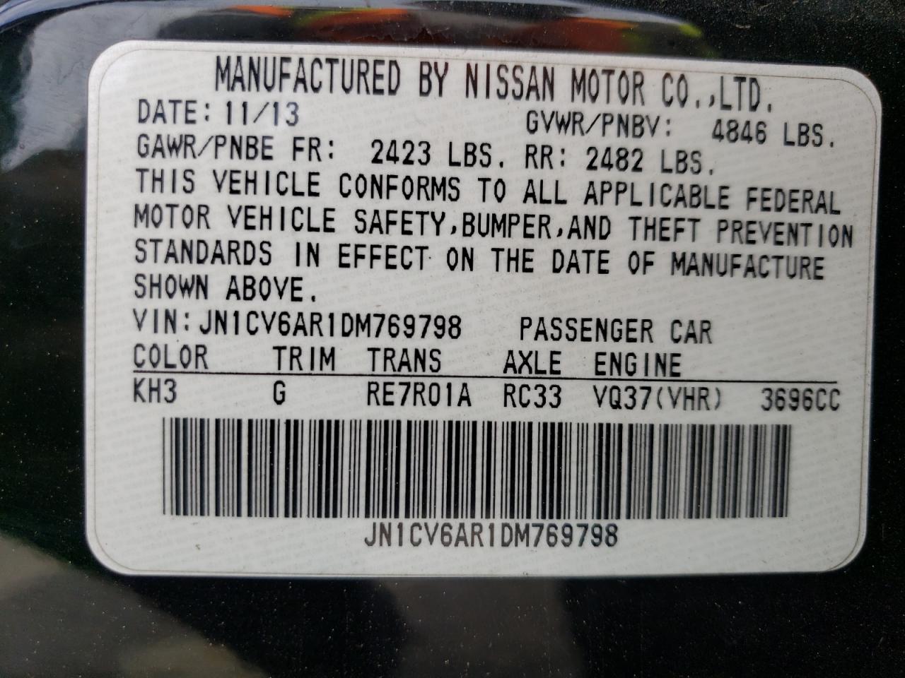 2013 Infiniti G37 VIN: JN1CV6AR1DM769798 Lot: 56933265
