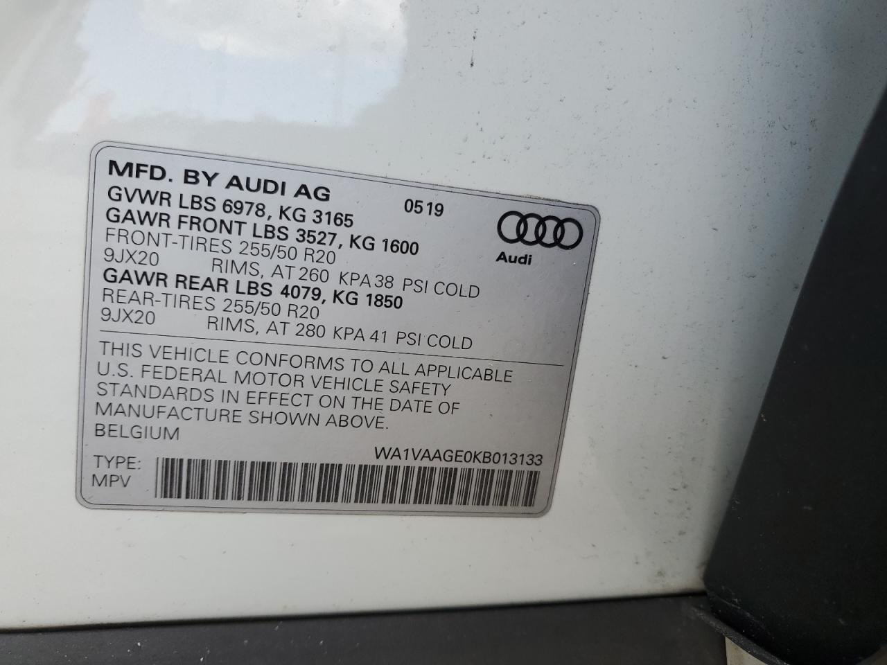 2019 Audi E-Tron Prestige VIN: WA1VAAGE0KB013133 Lot: 57060255