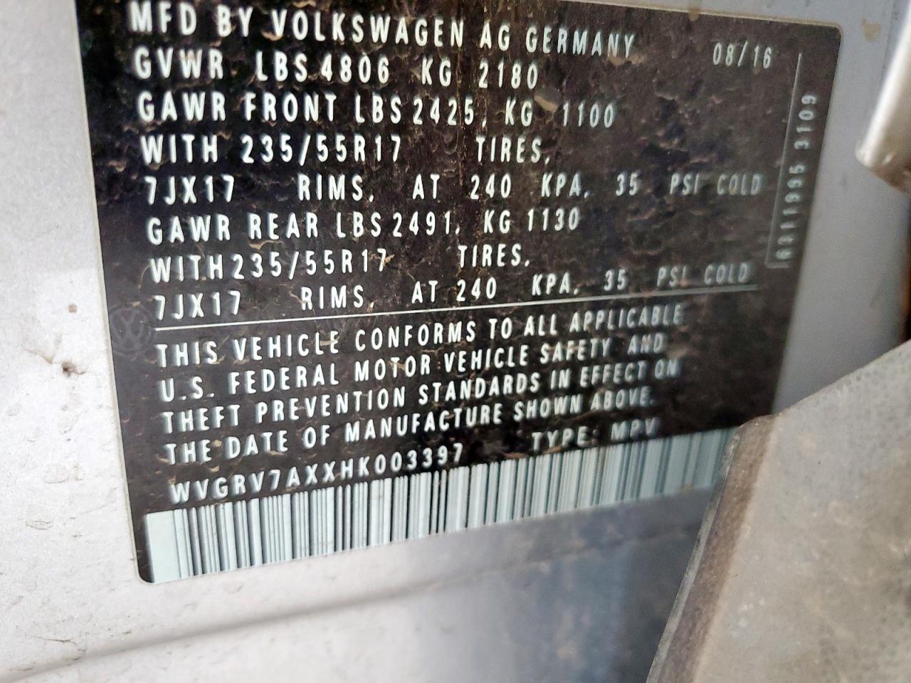 2017 Volkswagen Tiguan Wolfsburg VIN: WVGRV7AXXHK003397 Lot: 57365805