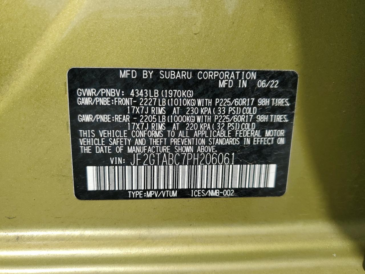 2023 Subaru Crosstrek VIN: JF2GTABC7PH206061 Lot: 57340605