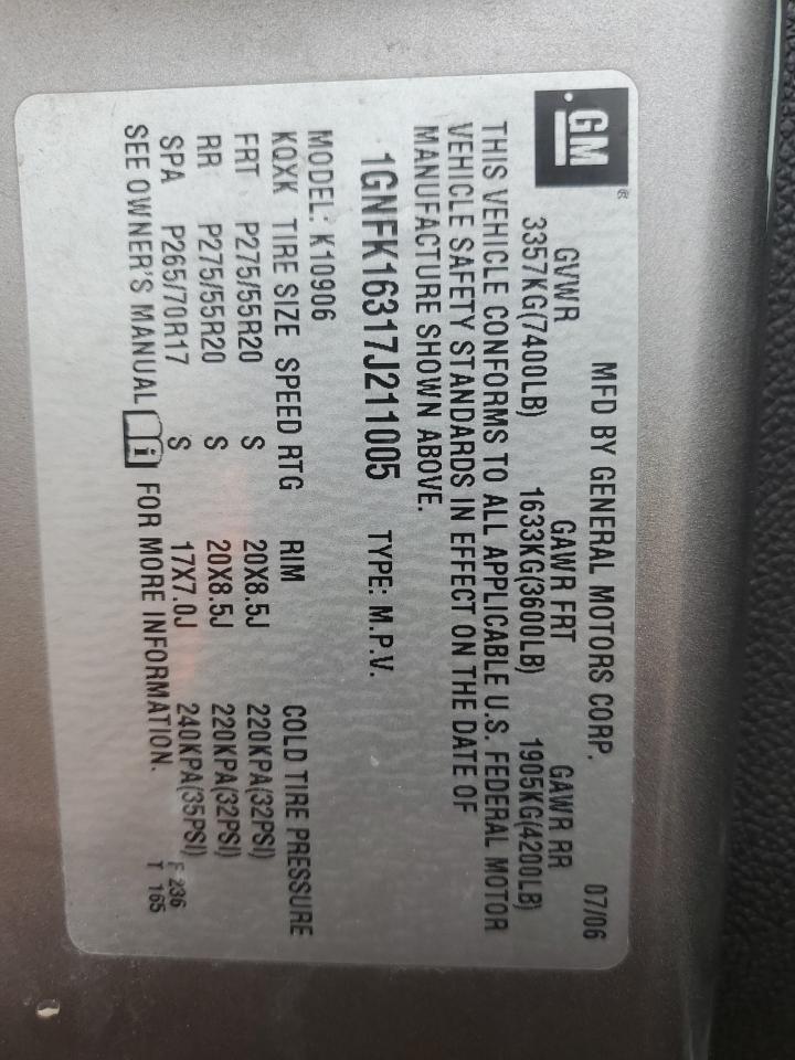 2007 Chevrolet Suburban K1500 VIN: 1GNFK16317J211005 Lot: 56823685