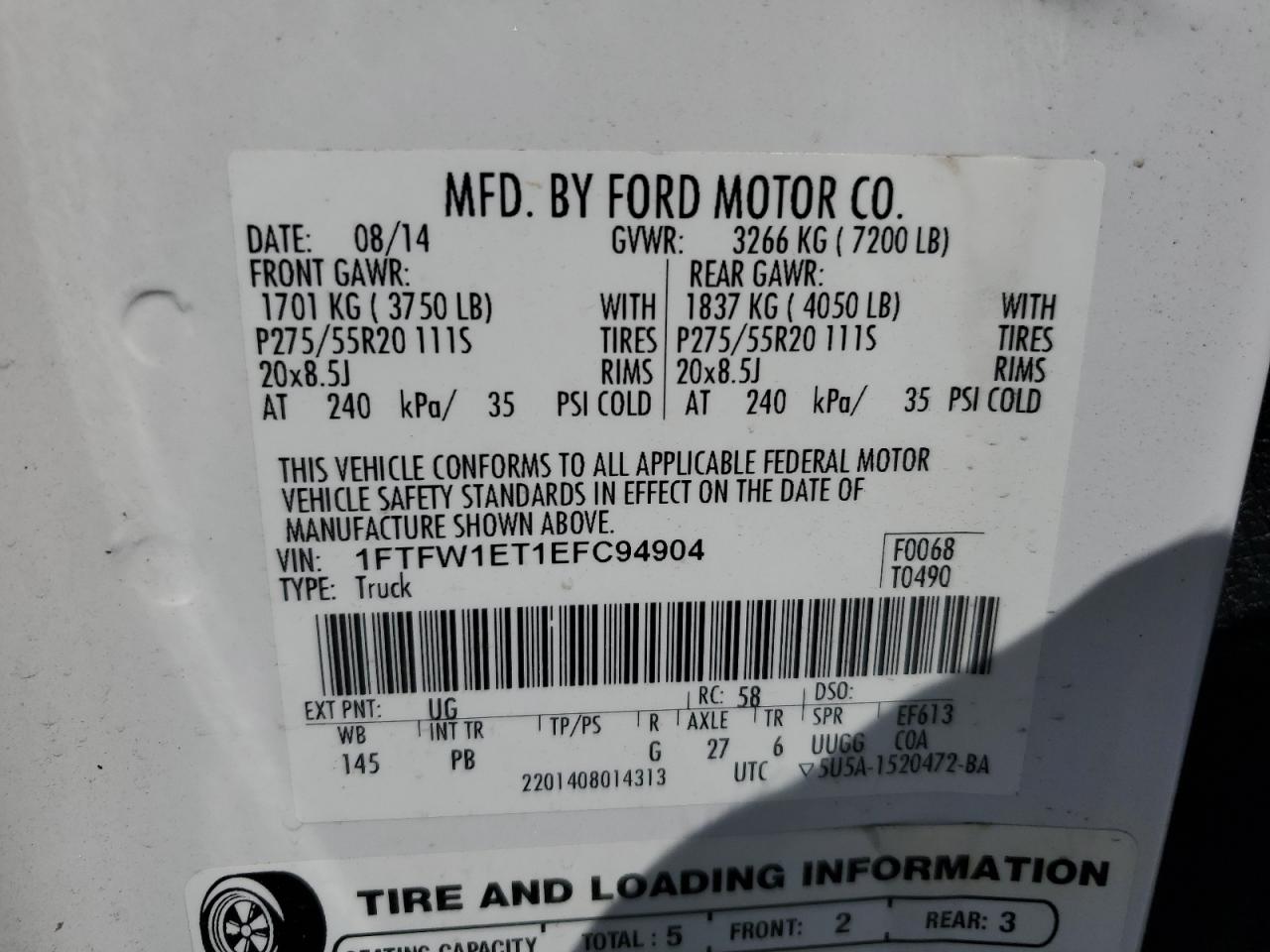 2014 Ford F150 Supercrew VIN: 1FTFW1ET1EFC94904 Lot: 56552425