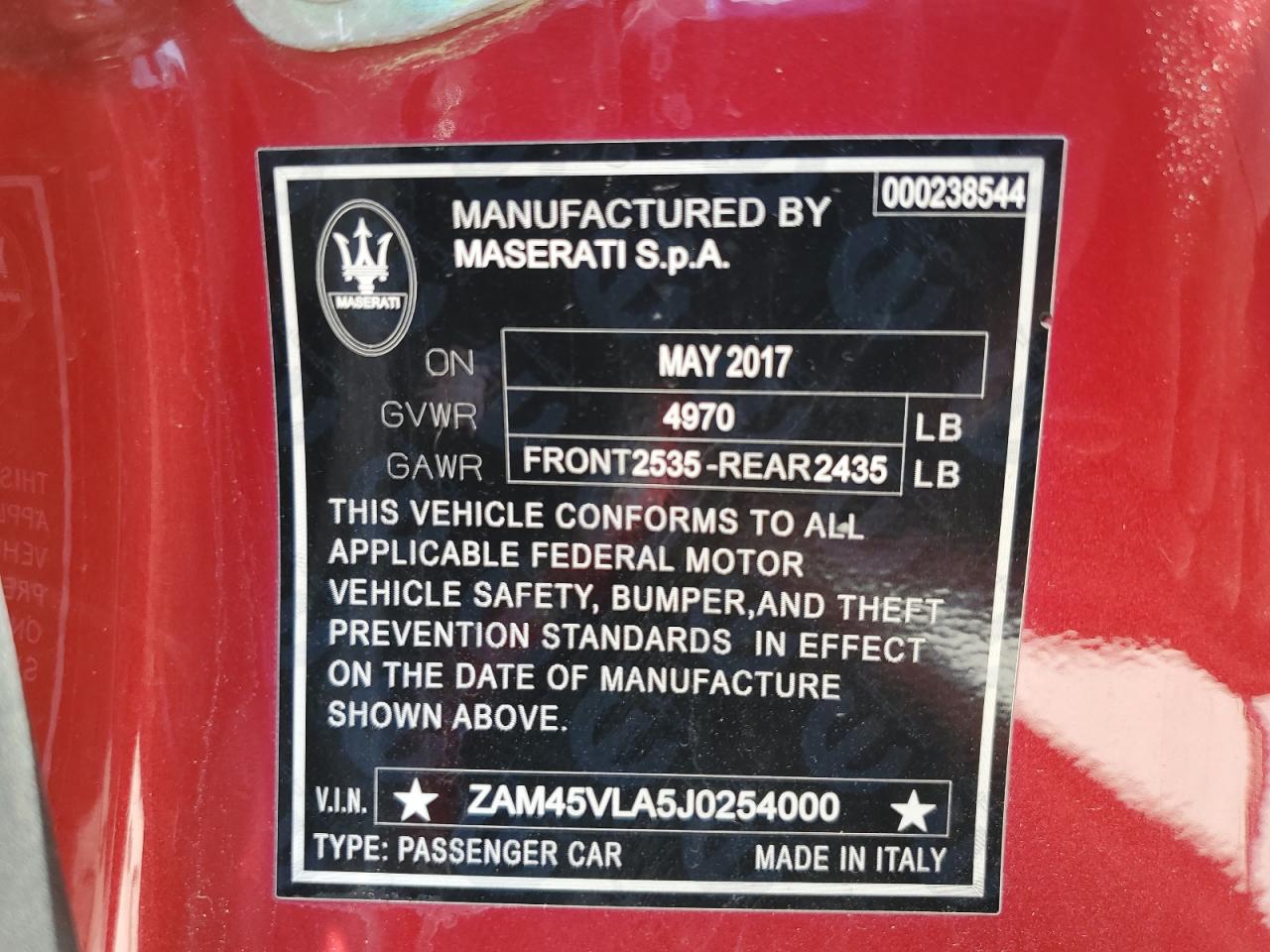 2018 Maserati Granturismo S VIN: ZAM45VLA5J0254000 Lot: 57055945