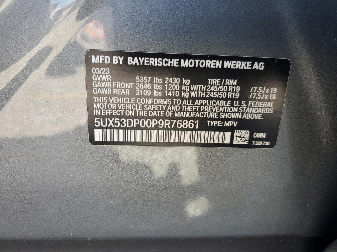 2023 BMW X3 xDrive30I VIN: 5UX53DP00P9R76861 Lot: 57352035