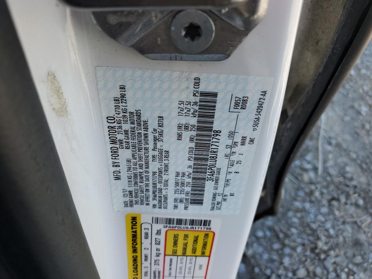 2018 Ford Fusion Se Hybrid VIN: 3FA6P0LU8JR171798 Lot: 54066125