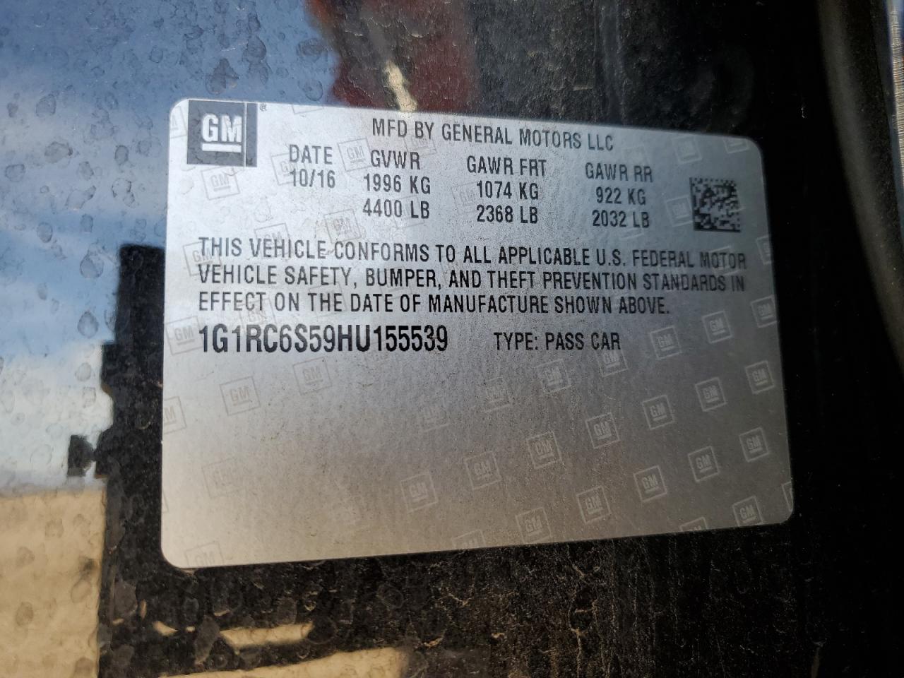 2017 Chevrolet Volt Lt VIN: 1G1RC6S59HU155539 Lot: 57644005