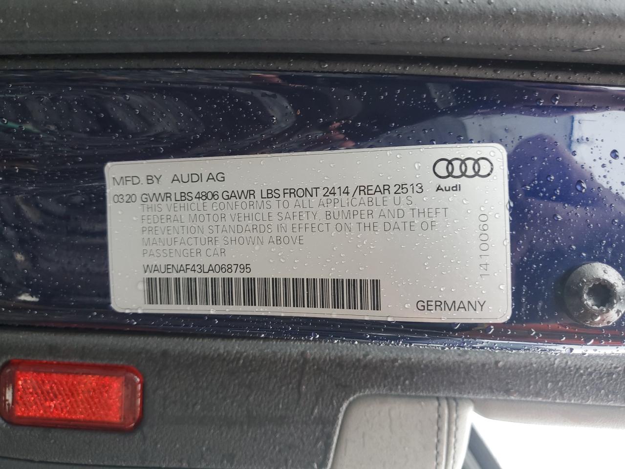 2020 Audi A4 Premium Plus VIN: WAUENAF43LA068795 Lot: 56881695