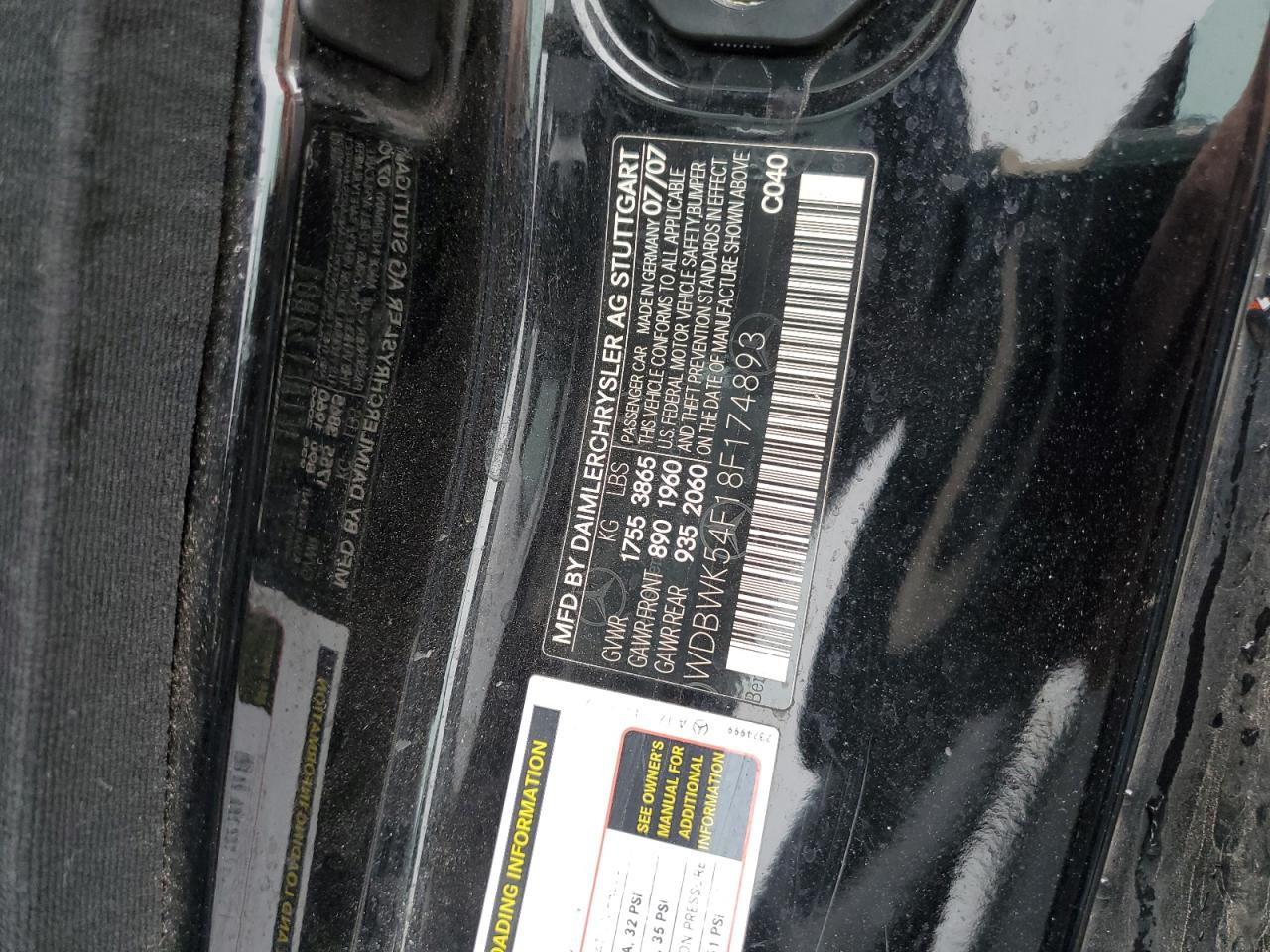 2008 Mercedes-Benz Slk 280 VIN: WDBWK54F18F174893 Lot: 53960075