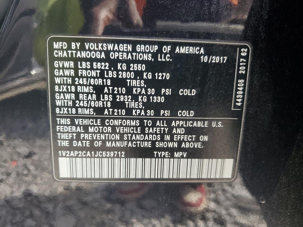 2018 Volkswagen Atlas S VIN: 1V2AP2CA1JC539712 Lot: 57032245