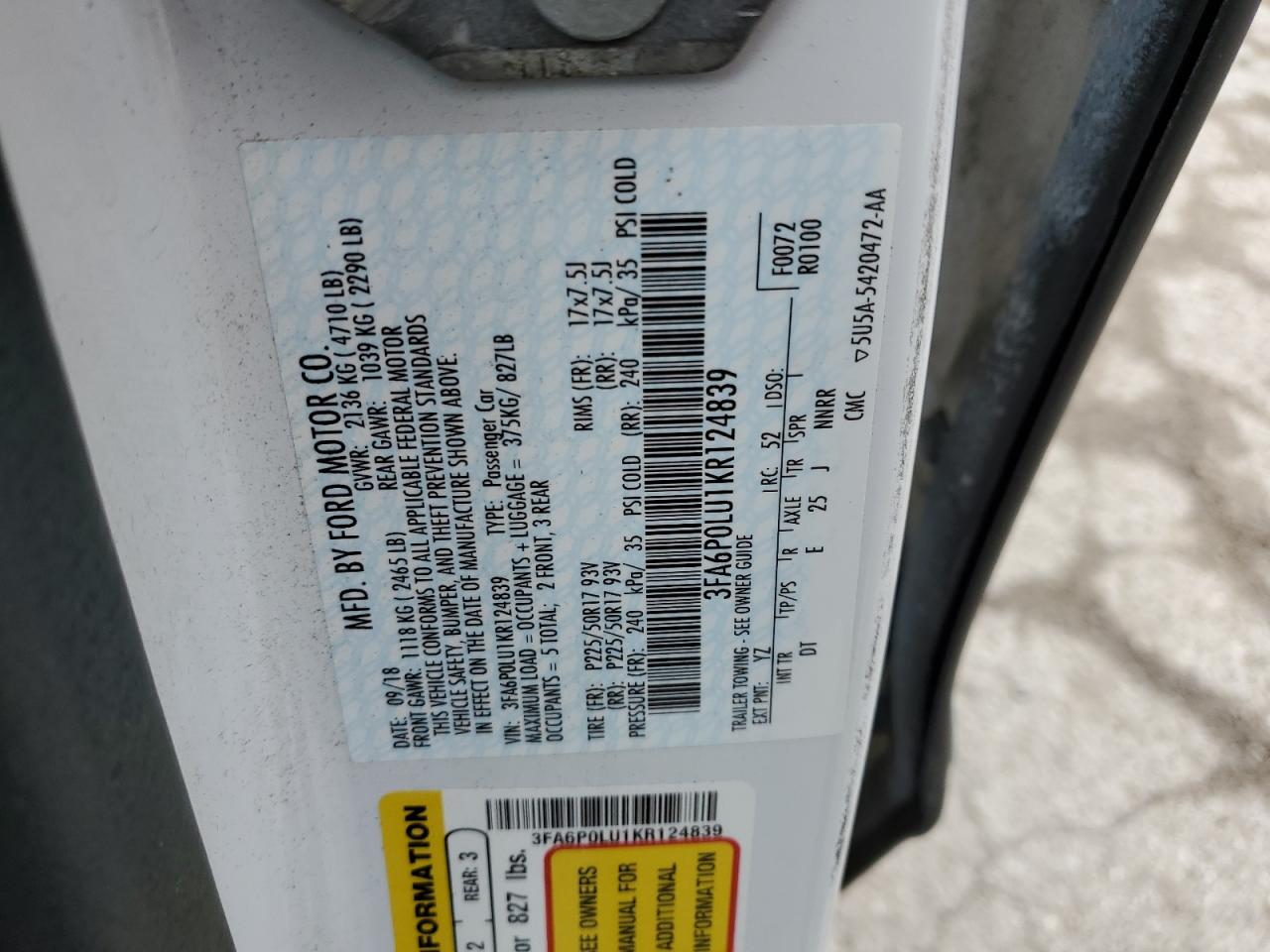 2019 Ford Fusion Se VIN: 3FA6P0LU1KR124839 Lot: 54030075