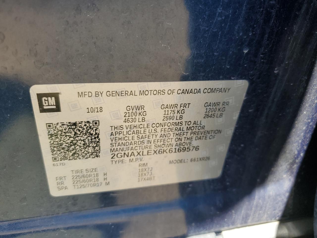 2019 Chevrolet Equinox Lt VIN: 2GNAXLEX6K6169576 Lot: 56888095