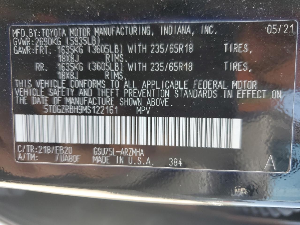 2021 Toyota Highlander Xle VIN: 5TDGZRBH9MS122161 Lot: 56928785