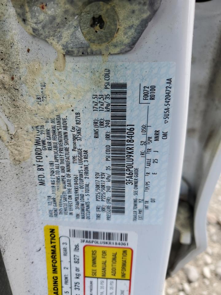 2019 Ford Fusion Se VIN: 3FA6P0LU9KR184061 Lot: 54031565